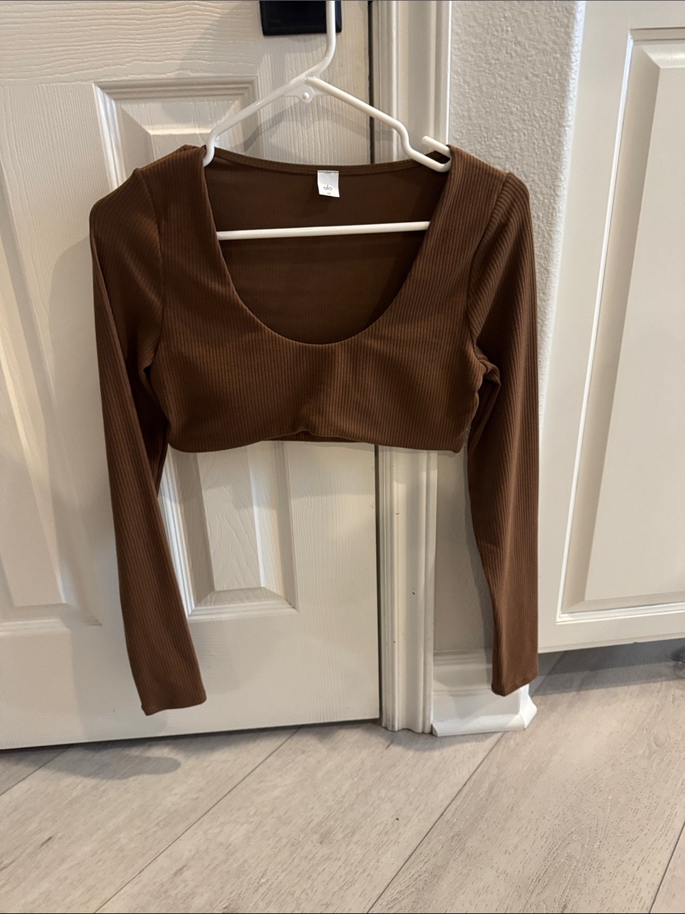 Alo Brown Ribbed Scoop-Neck Long Sleeve Crop Top